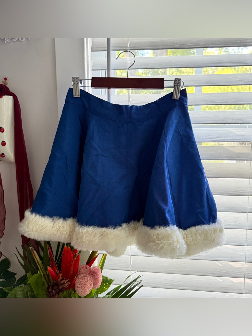 Vintage Blue Full Circle Mini Skirt White Rabbit Fur Trim XS